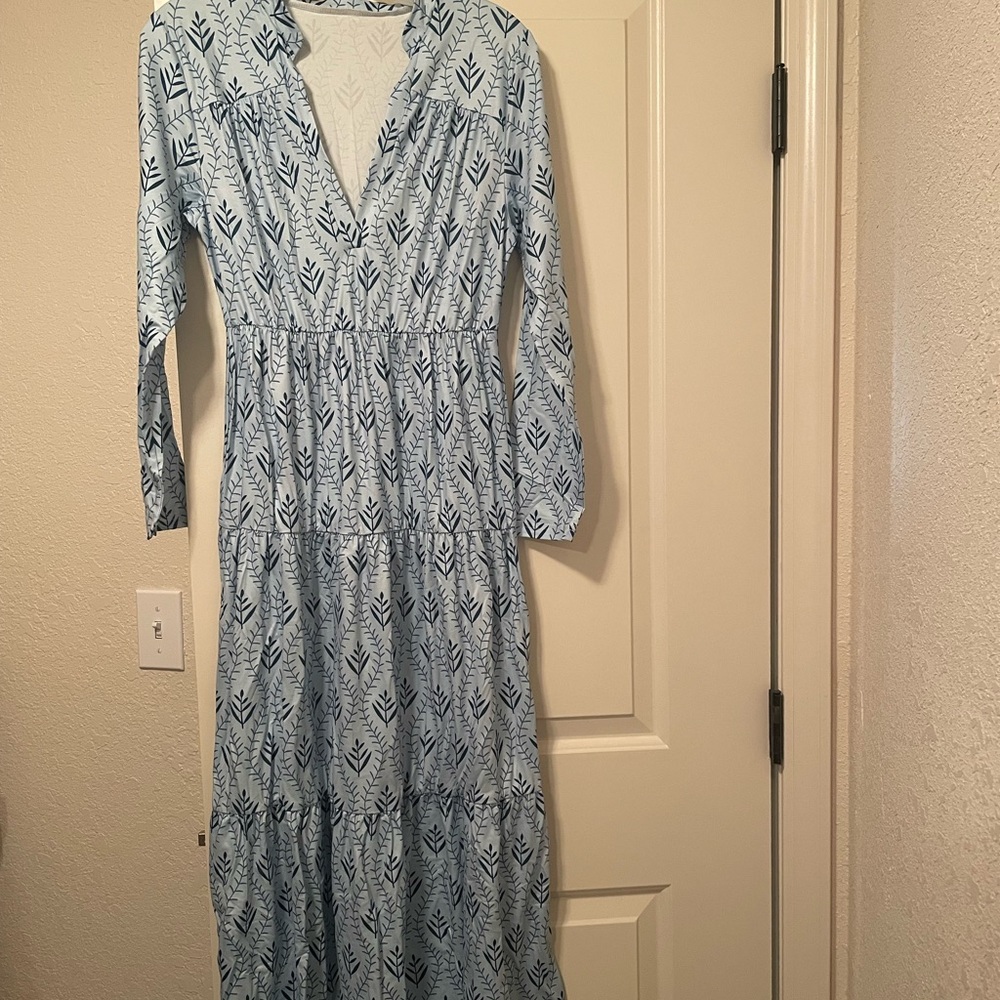 Blue Pattern V-Neck Maxi Dress S